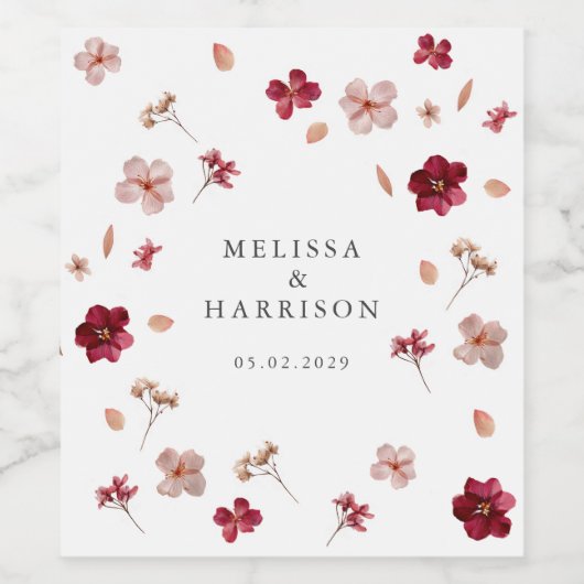 Geperste Rode Roze en Crème, bloemige Trouw Wijn Etiket (Enkel label)