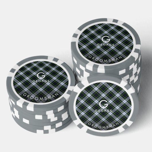 Geplaagd monogram Wit Groen Check Tartan Groomsman Poker Chips (Opstapeling)