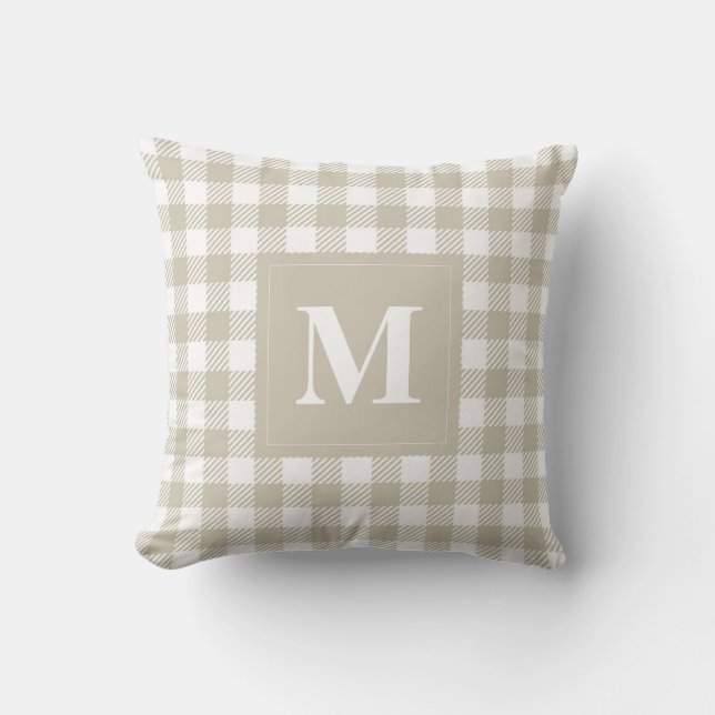 Geplaagd Tan en White Gingham Patroon met Monogram Kussen (Voorkant)