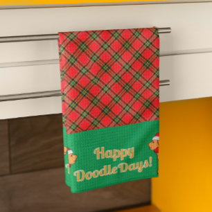 Geplaid Doodle Yellow Dog Gepersonaliseerde Kerst Theedoek