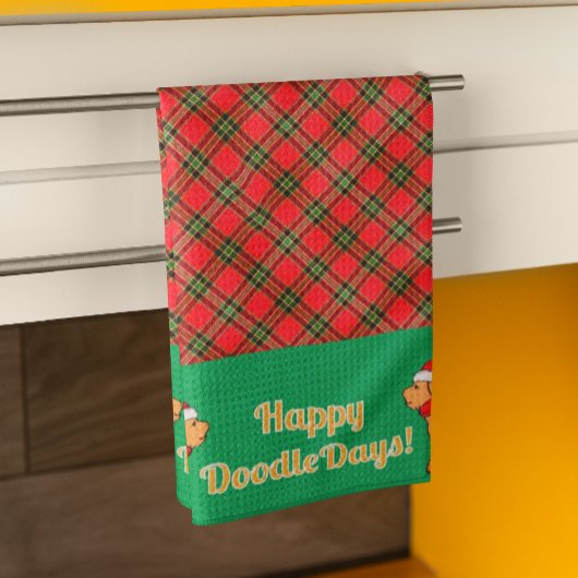 Geplaid Doodle Yellow Dog Gepersonaliseerde Kerst Theedoek