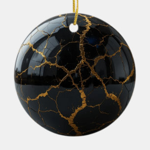 Gepolijste Obsidiaan Bol met aderen van gesmolten Keramisch Ornament