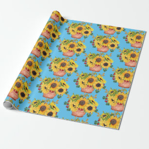 Gepootte zonnebloemen op blauw cadeaupapier