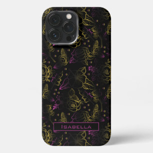 Geppersonaliseerde gouden paarse florale patroon iPhone 13 pro max hoesje