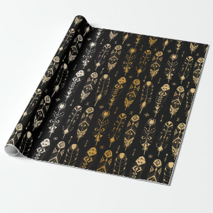 Geptextureerde gouden veren in stamstijl. Naadloos Cadeaupapier