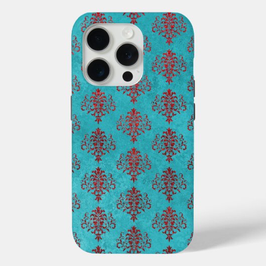 Geptextureerde Rode Damask op Blauwgroen Patroon Case-Mate iPhone Case (Achterkant)