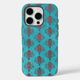 Geptextureerde Rode Damask op Blauwgroen Patroon iPhone 16 Pro Hoesje