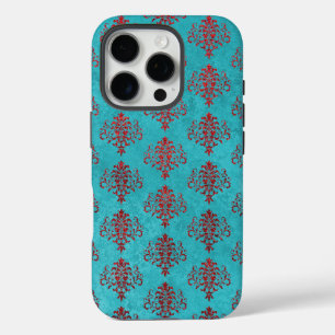Geptextureerde Rode Damask op Blauwgroen Patroon iPhone 16 Pro Hoesje