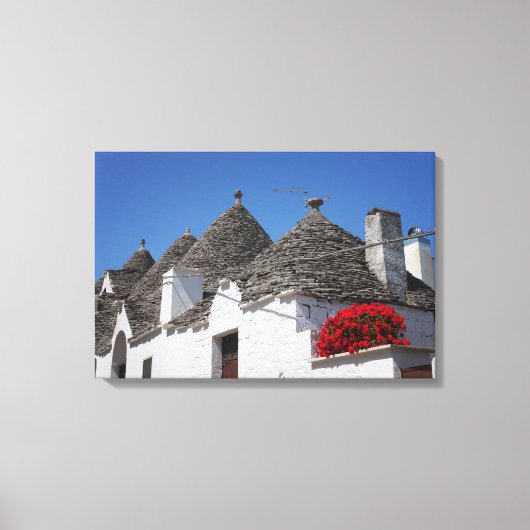 Geraniumbloemen en boomgaarden in Alberobello Canvas Afdruk (Voorkant)