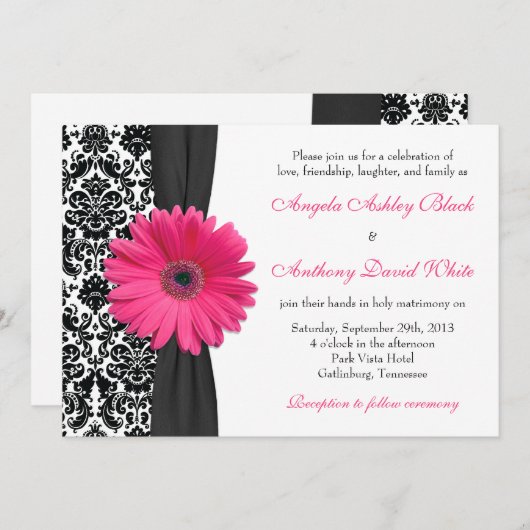 Gerber Daisy Pink White Damask Wedding Kaart (Voorkant / Achterkant)
