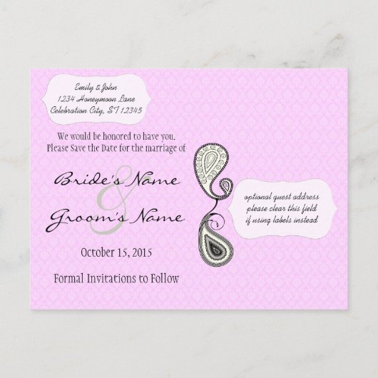 Gerber Fuchsia & Grey Paisley Save the Date Aankondigingskaart (Achterkant)