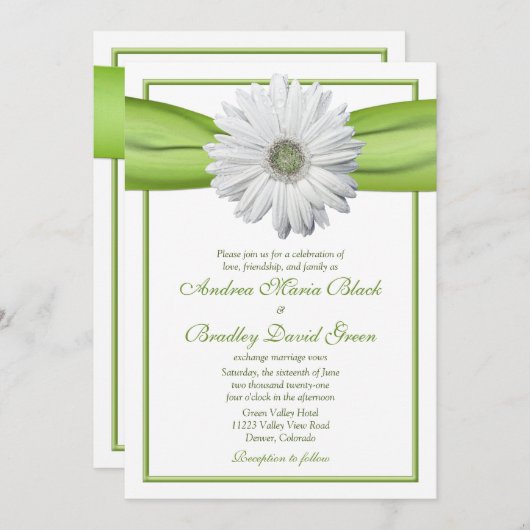 Gerbera blanche avec invitation au ruban vert (Devant / Derrière)