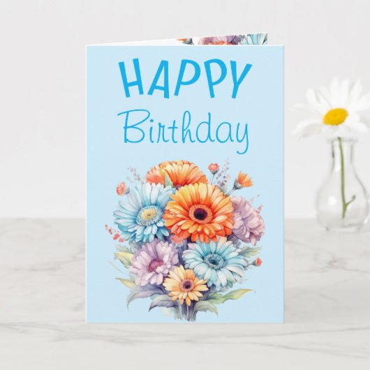 Gerbera bloemen gelukkige verjaardag blanco blauw kaart (Kleine Plant)