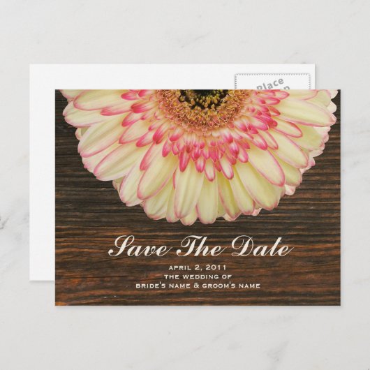 Gerbera Daisy & Barnwood Enregistrer La Date Carte (Devant / Derrière)