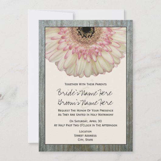 Gerbera Daisy & Barnwood Wedding Invitation Kaart (Voorkant)