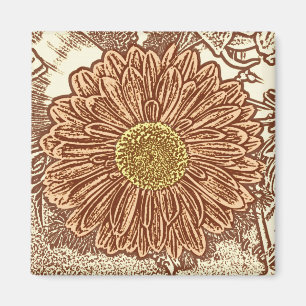 Gerbera Daisy Block Print - bruin en bruin Magneet