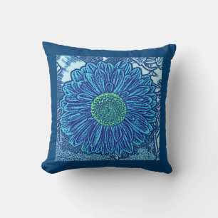 Gerbera Daisy Block Print, Cerulean & Indigo Blue Kussen