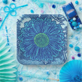 Gerbera Daisy Block Print, Cerulean & Indigo Blue Papieren Bordje (Feest)