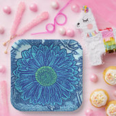 Gerbera Daisy Block Print, Cerulean & Indigo Blue Papieren Bordje (Feest)