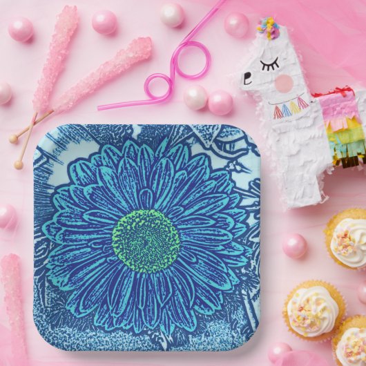 Gerbera Daisy Block Print, Cerulean & Indigo Blue Papieren Bordje (Feest)