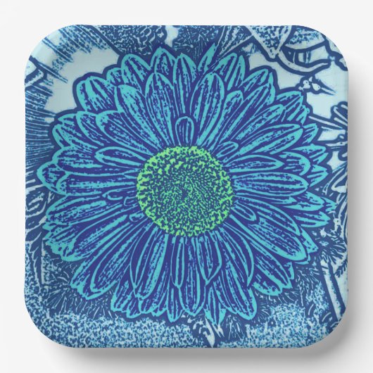 Gerbera Daisy Block Print, Cerulean & Indigo Blue Papieren Bordje (Voorkant)