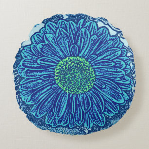Gerbera Daisy Block Print, Cerulean & Indigo Blue Rond Kussen