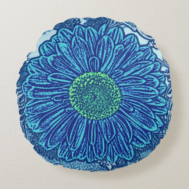Gerbera Daisy Block Print, Cerulean & Indigo Blue Rond Kussen (Voorkant)
