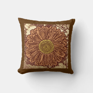 Gerbera Daisy Block Print, Chocolate Brown en Tan Kussen