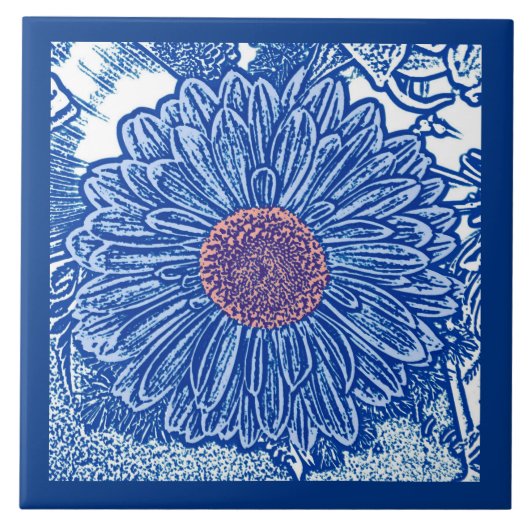 Gerbera Daisy Block Print, Cobalt en Sky Blue Tegeltje (Voorkant)