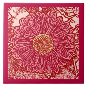 Gerbera Daisy Block Print, Coral and Peach Tegeltje
