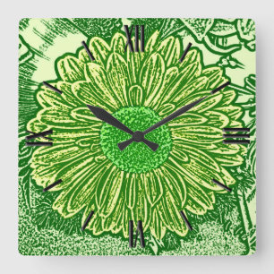 Gerbera Daisy Block Print - kalkgroen Vierkante Klok