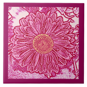 Gerbera Daisy Block Print, Maroon & Pastel Pink Tegeltje
