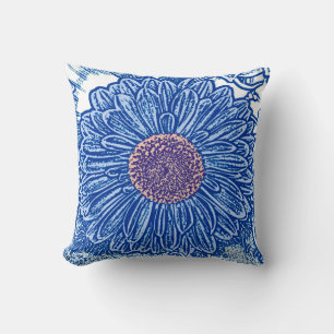 Gerbera Daisy Blokprint - kobaltblauw Kussen