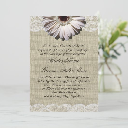 Gerbera Daisy en Lace Country Burlap bruiloft Kaart (Staand voorkant)