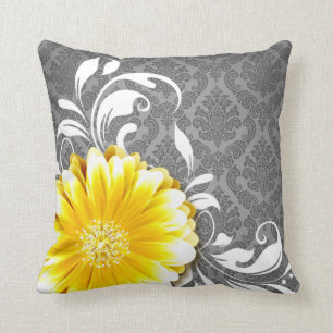 Gerbera Daisy Fancy Damask   grijs geel wit Kussen