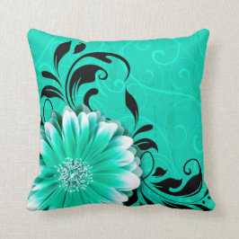 Gerbera Daisy Fancy Scroll | Munt groen zwart Kussen