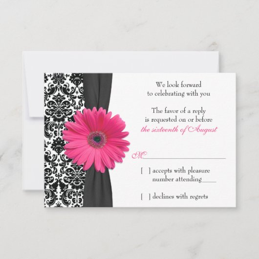Gérbera Daisy Rose Noir Damassé Mariage RSVP Répon (Devant)
