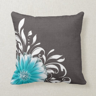 Gerbera Daisy Scroll Burlap 1 blauwgroen houtskool Kussen