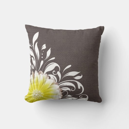 Gerbera Daisy Scroll Burlap 1 gele houtskool Kussen (Voorkant)