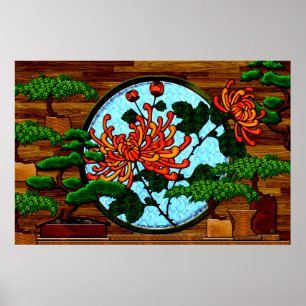 Gerbera- en Bonsai-bomen (halfglanzend Poster) Poster
