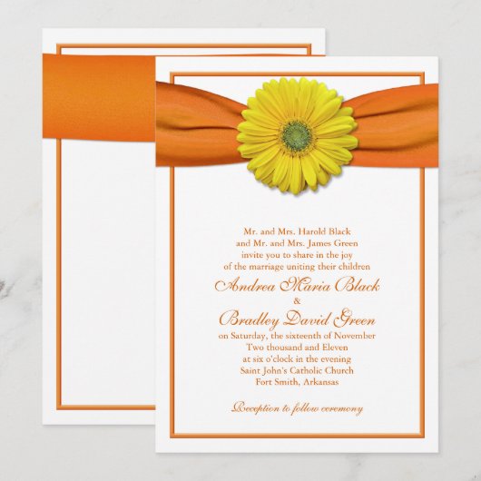 Gerbera jaune avec invitation au ruban orange (Devant / Derrière)