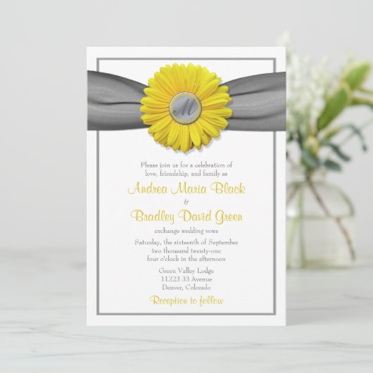 Gerbera jaune Daisy Grey Ribbon Invitation (Debout devant)