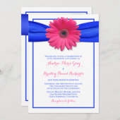 Gerbera rose avec Bleu Satin Ribbon Invitation (Devant / Derrière)
