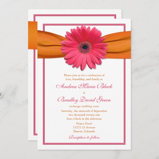 Gerbera rose avec Faire-part de mariage de ruban o (Devant / Derrière)