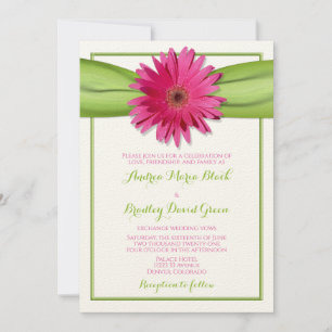Gerbera rose avec Green Satin Ribbon Invitation