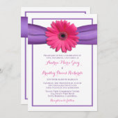 Gerbera rose avec invitation au ruban de satin vio (Devant / Derrière)