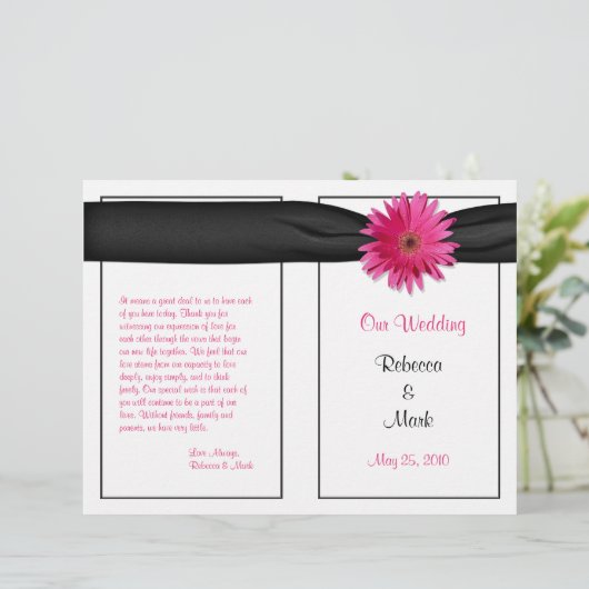 Gerbera rose Daisy Black Ribbon Wedding Programme (Debout devant)