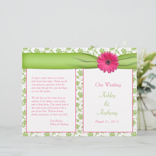 Gerbera rose Daisy Green Floral Wedding Programme (Debout devant)