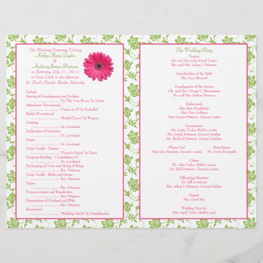 Gerbera rose Daisy Green Floral Wedding Programme (Dos)
