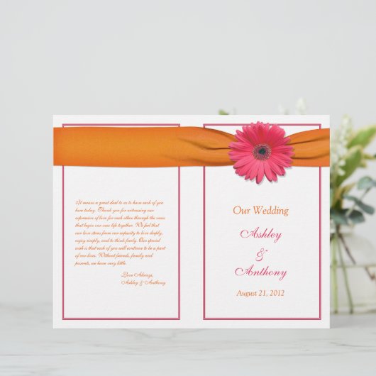Gerbera rose Daisy Orange Ribbon Wedding Programme (Debout devant)